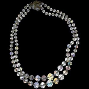 Vintage AB Crystal Double Strand Necklace w Jeweled Clasp